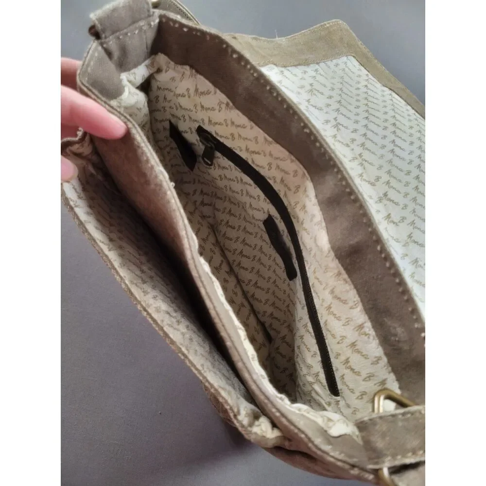 Mona B Recycled Upcycled Canvas Key Lock Flap Crossbody Bag Tan Boho